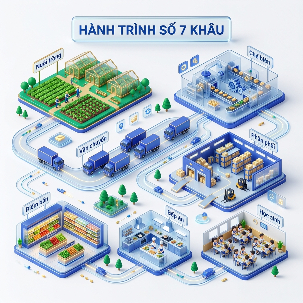 Sơ đồ chuỗi cung ứng khép kín 7 bước từ nông trại đến trường học